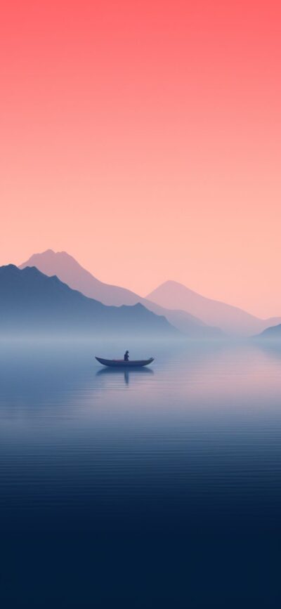 Serene minimalist scene with lone boat on calm lake, mountains, and coral to blue gradient sky | 4K Wallpaper for Mobile