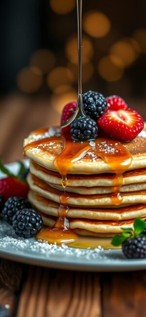 Golden pancakes with strawberries, blackberries, and syrup, warm bokeh background | 4K Wallpaper for Mobile | Brown, red, golden theme.