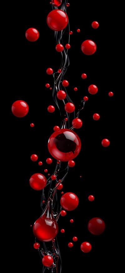 Abstract red spheres and black tendrils create dynamic movement on a dark background. | 4K Wallpaper, for Mobile