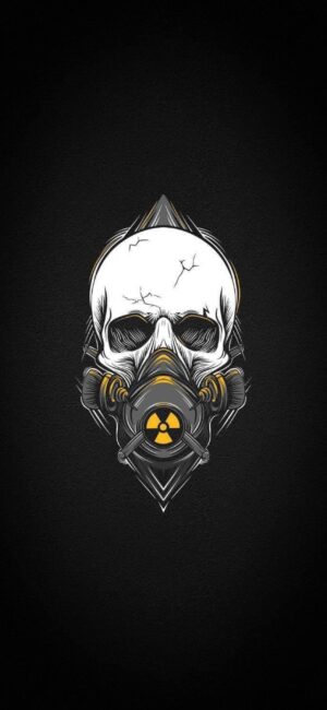 Skull with gas mask and radiation symbol, dark apocalyptic design | Black, white, yellow colors | 4K Wallpaper for Mobile