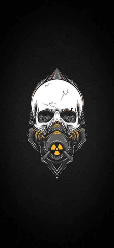 Skull with gas mask and radiation symbol, dark apocalyptic design | Black, white, yellow colors | 4K Wallpaper for Mobile