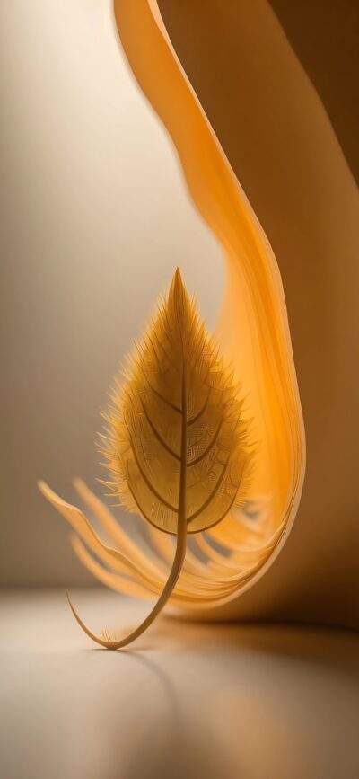 Alt text: Abstract feather or leaf design in warm orange and yellow, with a fiery, flowing texture for Mobile | 4K Wallpaper.