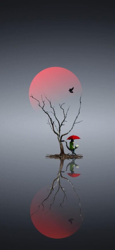 'Bare tree reflecting in water with red sun, person under umbrella & black bird | Gray & Red | Nature & Minimalism | 4K Wallpaper for Mobile'