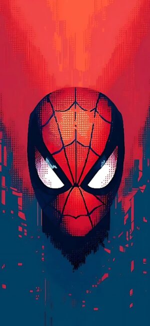 Spider-Man mask on vibrant abstract background featuring webbed pattern and sharp eyes | Red & Blue | 4K Wallpaper for Mobile