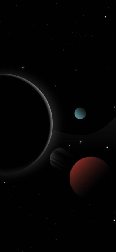 Minimalist space scene with planets in black, red, and blue tones. Dark, icy blue, and reddish-brown planets | 4K Wallpaper, for Mobile