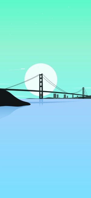 Minimalist cityscape with a bridge over water, serene sky, and large sun, in blue and teal tones | 4K Wallpaper for Mobile