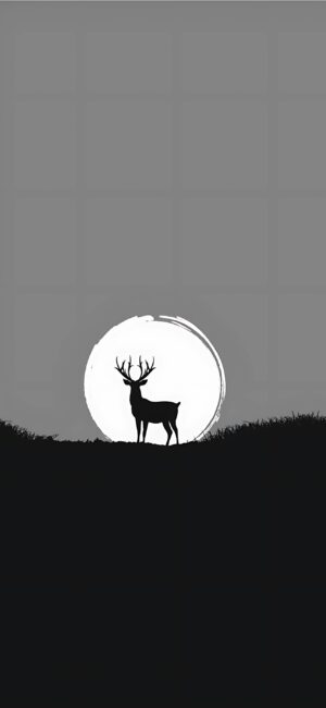 Silhouette deer on hill with full moon, gradient sky | 4K Wallpaper for Mobile | Black, grey, white tones convey a tranquil night ambiance.