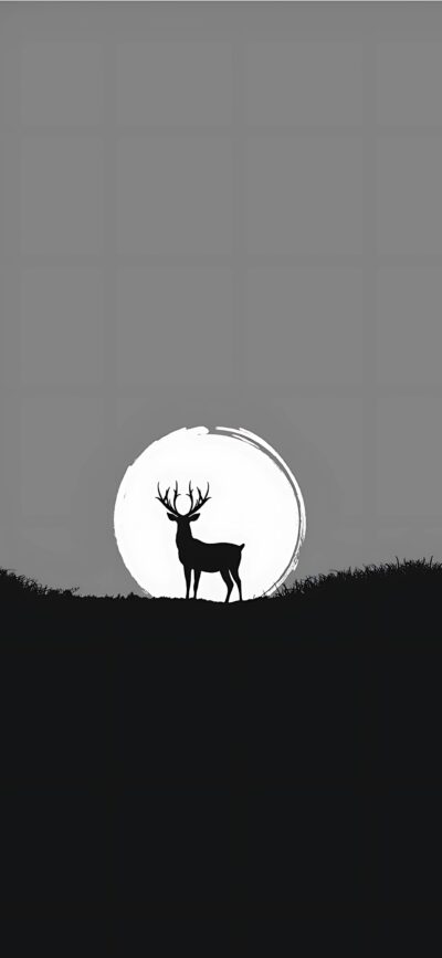 Silhouette deer on hill with full moon, gradient sky | 4K Wallpaper for Mobile | Black, grey, white tones convey a tranquil night ambiance.