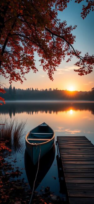 Serene lake at sunset with a boat and autumn leaves reflecting warm hues | Orange, Blue, Red | 4K Wallpaper for Mobile