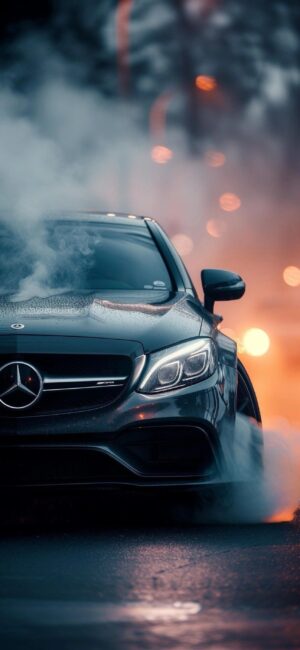 Sleek Mercedes-Benz surrounded by tire smoke, dynamic scene with warm bokeh lights | Black, Orange, Gray | 4K Wallpaper for Mobile