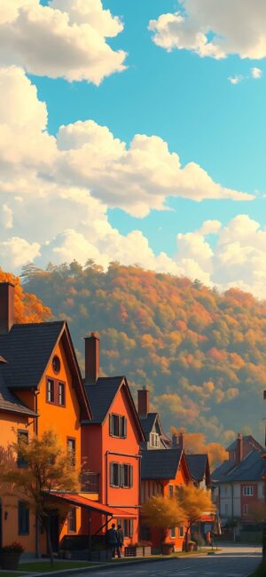 Colorful village scene with autumn hills, white clouds, and serene countryside | 4K Wallpaper for Mobile