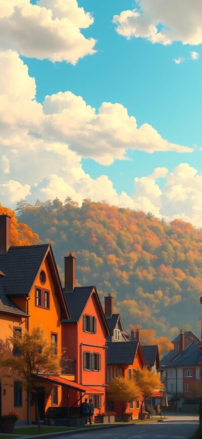 Colorful village scene with autumn hills, white clouds, and serene countryside | 4K Wallpaper for Mobile