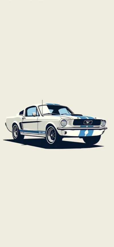 Classic white Ford Mustang with blue racing stripes, showcasing its iconic retro style and muscular build | 4K Wallpaper for Mobile