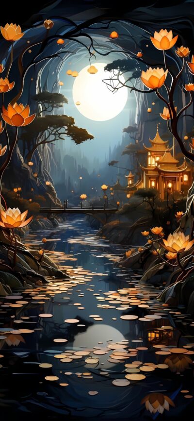 Fantasy landscape with full moon, lotus-lined waterway, and Asian-style pagoda in forest | 4K Wallpaper for Mobile