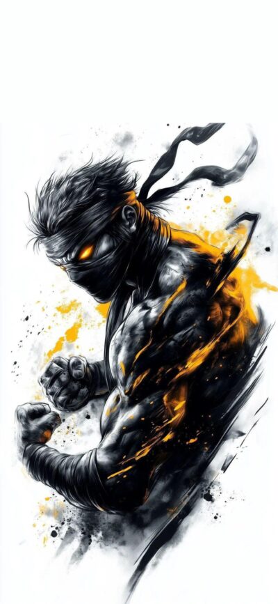 Muscled ninja-like character with a dark mask and glowing eyes, featuring orange and black tones. | 8K Wallpaper for Mobile