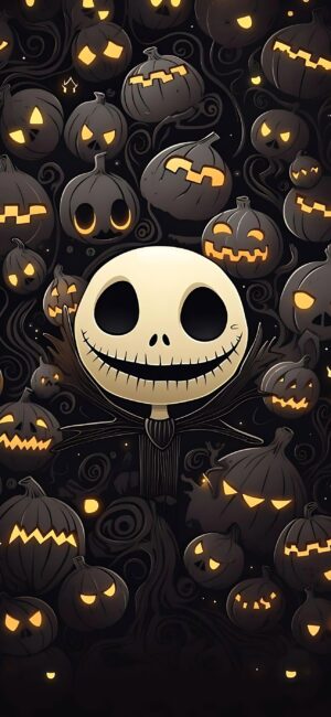 Halloween illustration with Jack Skellington and glowing Jack-o'-lanterns on a dark, spooky background | 4K Wallpaper for Mobile