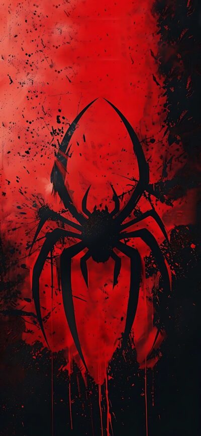 Silhouette of a spider in bold black on a red textured background | 4K Wallpaper, for Mobile | Red and black Spider-Man theme design.