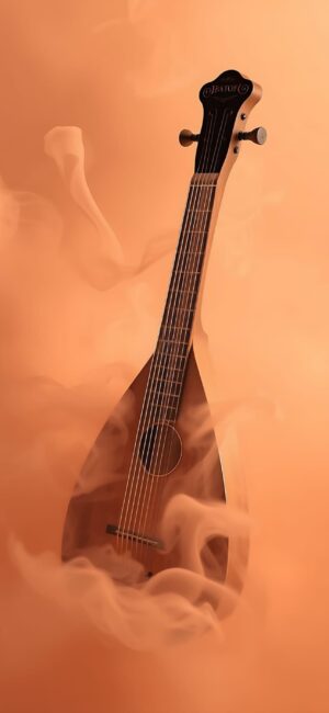 Mandolin with intricate woodwork in a misty, earthy setting for mobile | 4K Wallpaper | Brown & orange tones