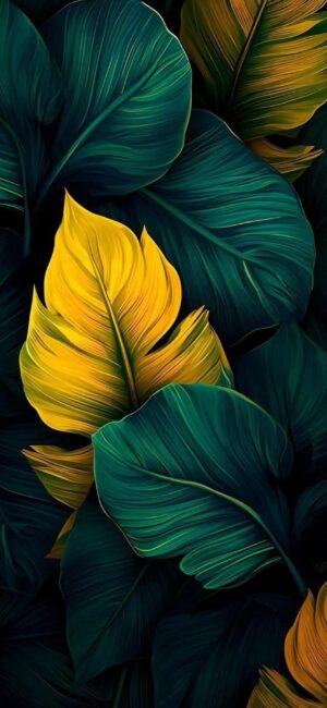 Tropical leaves in deep green and bright yellow, detailed nature design | 4K Wallpaper | for Mobile