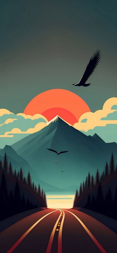 Scenic landscape with a road to a mountain, vibrant sun, clouds, and soaring birds | 4K Wallpaper for Mobile