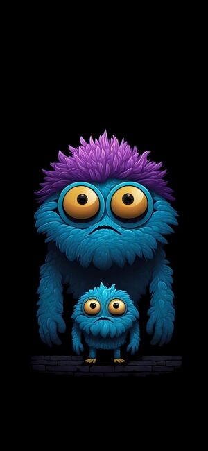 Two cute fluffy monsters with bright blue bodies and purple hair against a black background | 4K Wallpaper for Mobile