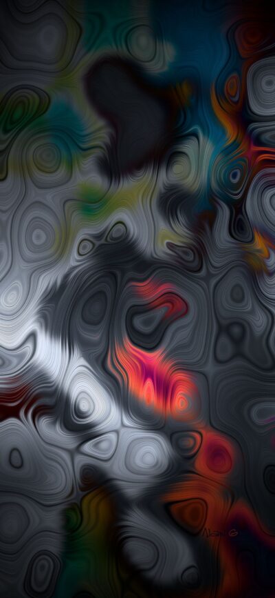 Abstract 4K wallpaper for mobile with swirling patterns in gray, red, blue, and black, creating a fluid, dynamic, and creative design.