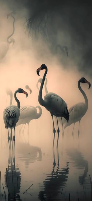 Serene flamingos in a misty setting with shimmering reflections. Tranquil and ethereal scene. Gray, pink, white tones | 4K Wallpaper, for Mobile