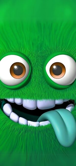 Cartoonish green monster with big eyes and playful tongue. Fun and whimsical for mobile. | 4K Wallpaper, ideal for quirky designs.