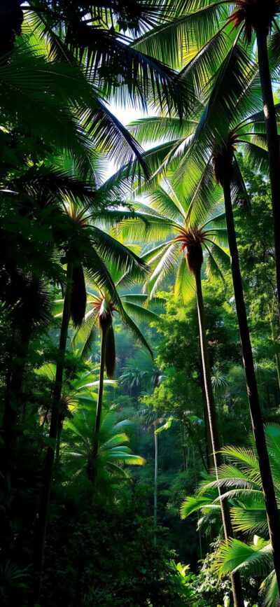 Lush tropical rainforest with palm trees and sunlight through leaves. Primary colors: Green, Brown, Blue | 4K Wallpaper for Mobile