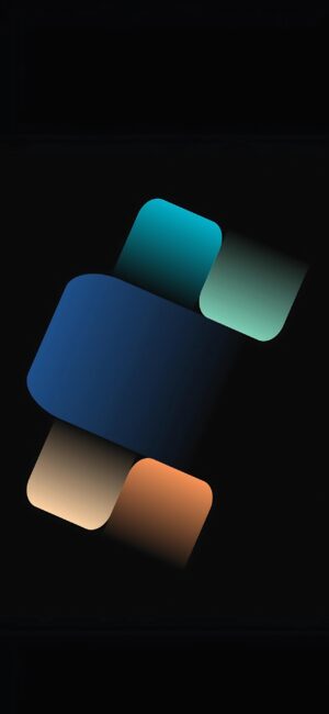 Minimalist 4K wallpaper for mobile with abstract geometric shapes in blue, teal, orange, and black against a dark background.