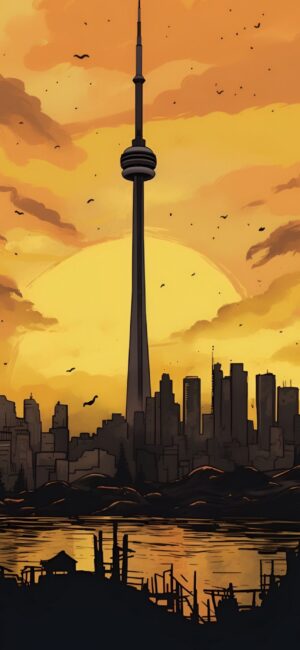 Toronto CN Tower skyline at sunset, reflecting in water with warm orange hues, perfect for mobile | 4K Wallpaper.