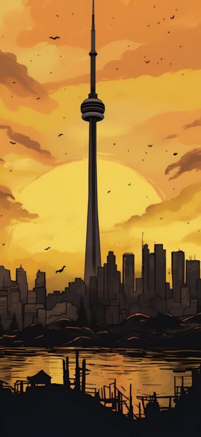 Toronto CN Tower skyline at sunset, reflecting in water with warm orange hues, perfect for mobile | 4K Wallpaper.