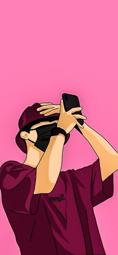 Illustration of a person with a cap, face mask, & smartphone against a pink background | 4K Wallpaper, for Mobile