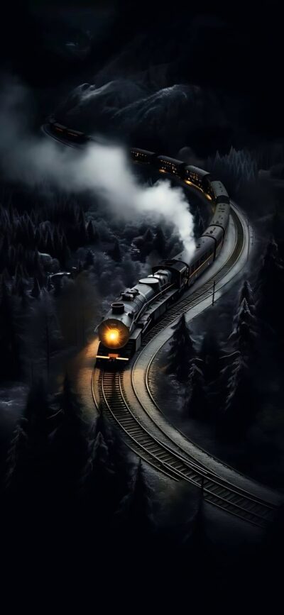 Steam train in misty forest at night, glowing headlight, smoke, mysterious adventure. | 4K Wallpaper for Mobile