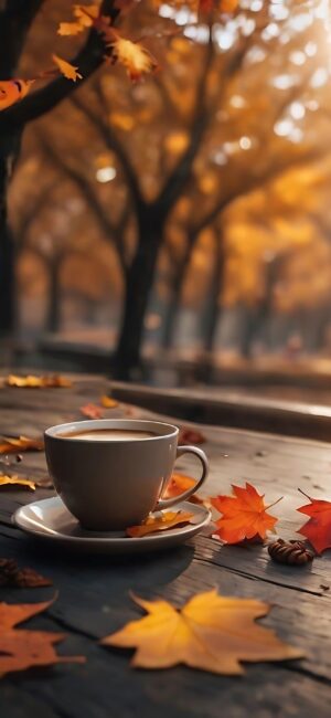 Cozy autumn scene with a coffee cup, vibrant maple leaves, and blurred golden trees | Brown, orange, red | 4K Wallpaper for Mobile.