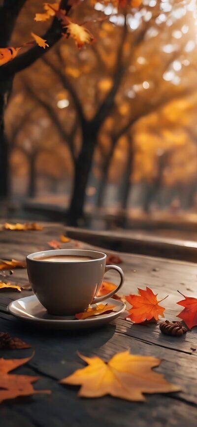 Cozy autumn scene with a coffee cup, vibrant maple leaves, and blurred golden trees | Brown, orange, red | 4K Wallpaper for Mobile.