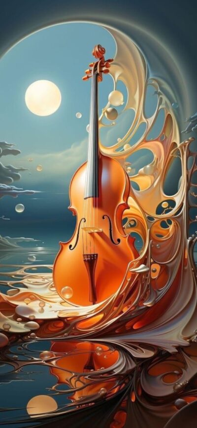 Surreal violin, abstract waves, full moon creating dreamlike fantasy scene. Blue, orange, white tones. | 4K Wallpaper for Mobile