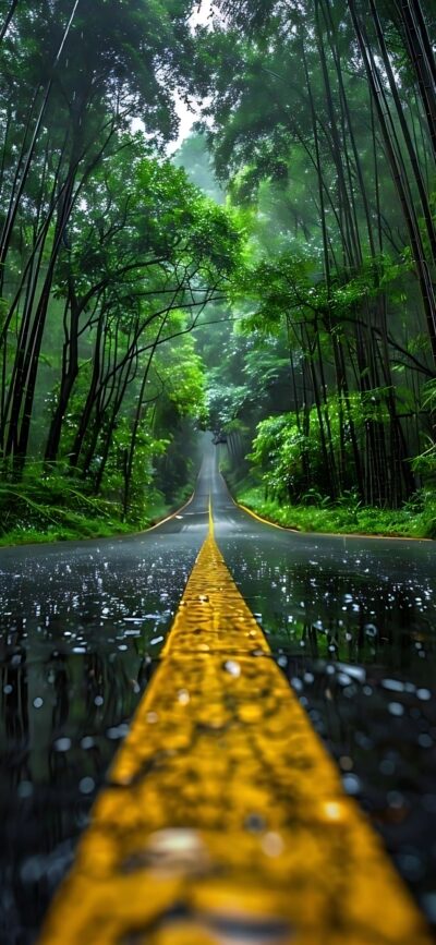 Serene forest road with lush greenery, tall trees, wet asphalt, and yellow line amidst a misty atmosphere | 4K Wallpaper for Mobile