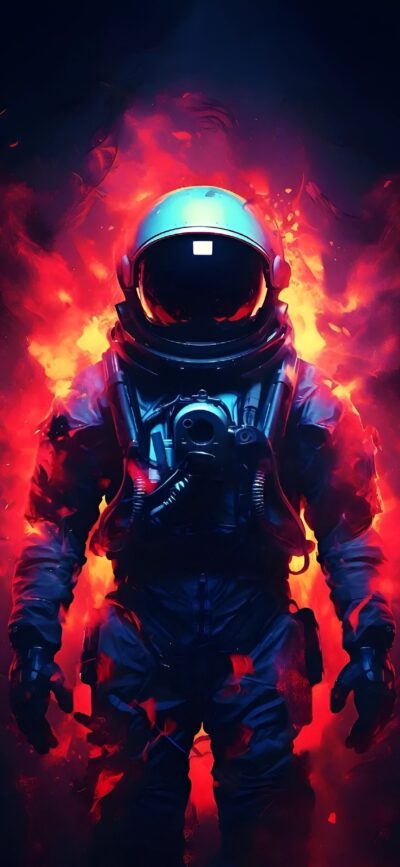 Futuristic astronaut amidst vibrant flames | Black, Red, Orange hues | Sci-fi, Space theme | For Mobile | 4K Wallpaper