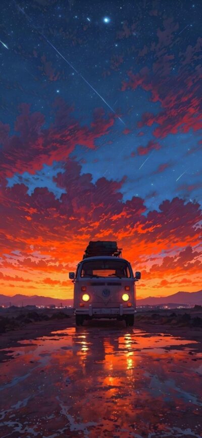 Vintage van on wet road at sunset transitioning to starry night | Blue & orange tones | For Mobile | 4K Wallpaper