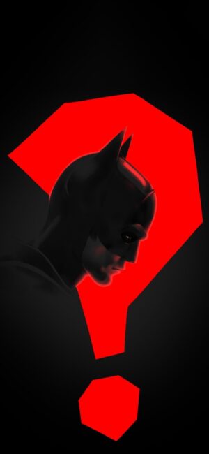 Batman stands against a red question mark, highlighting the mysterious side of the DC hero | 4K Wallpaper for Mobile