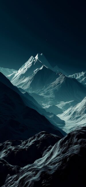 Night mountains with shadows and starry sky | Dark Blue, Black, White | 4K Wallpaper for Mobile