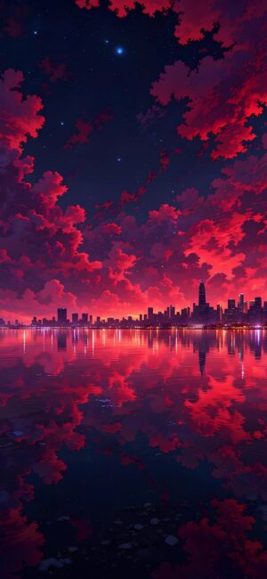 Stunning cityscape at sunset with vivid red clouds, a silhouetted skyline under a starry sky | 4K Wallpaper for Mobile