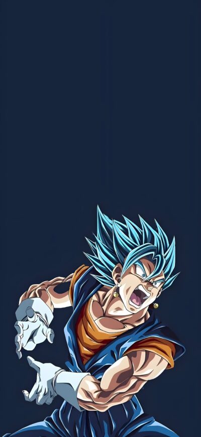 Anime character with spiky blue hair in a powerful pose, set against a dark background. | 4K Wallpaper, for Mobile | Blue, Dark