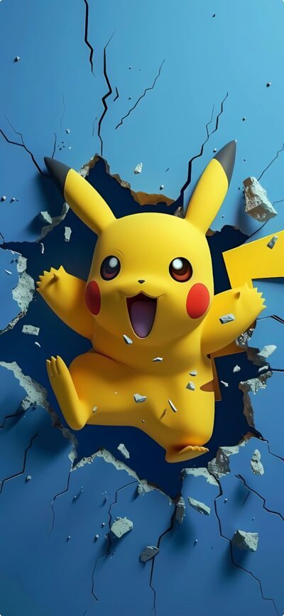 Pikachu bursting through a blue cracked wall, displaying dynamic charm with yellow fur and rosy cheeks. | 4K Wallpaper for Mobile