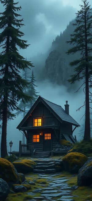 Cozy wooden cabin glowing warmly amidst tall pine trees in a foggy, serene forest setting. | 4K Wallpaper for Mobile