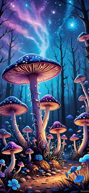 Mystical forest with glowing mushrooms under a starry sky, vibrant ethereal colors; perfect for fantasy lovers | 4K Wallpaper for Mobile