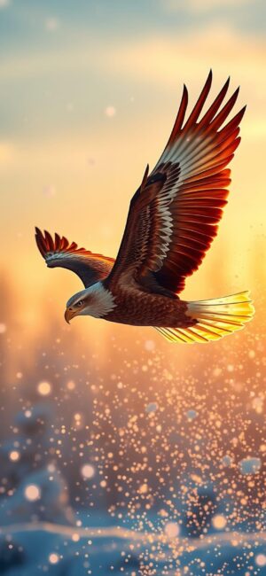 'Eagle soaring at sunset, warm orange and blue hues with snowflakes | 4K Wallpaper for Mobile'