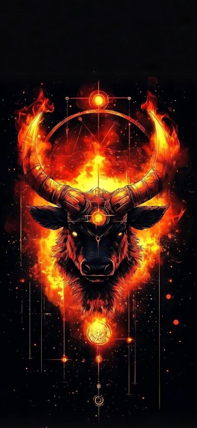 Fiery bull with geometric patterns, glowing elements set against dark background, blazing horns | 4K Wallpaper for Mobile