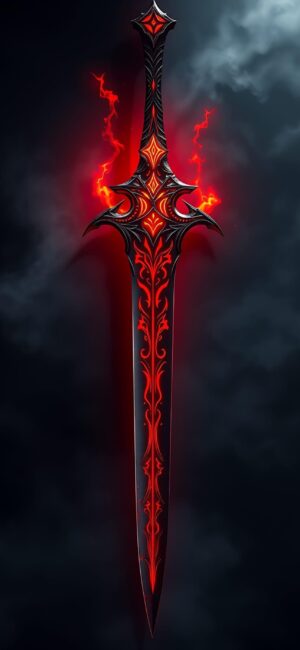 Ominous dark sword with glowing red accents in misty background | 4K Wallpaper for Mobile | Fantasy, Red, Black, Grey themes